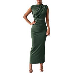 Women's Army Green Ruched Bodycon Summer Casual Sleeveless Slit Elegant Maxi